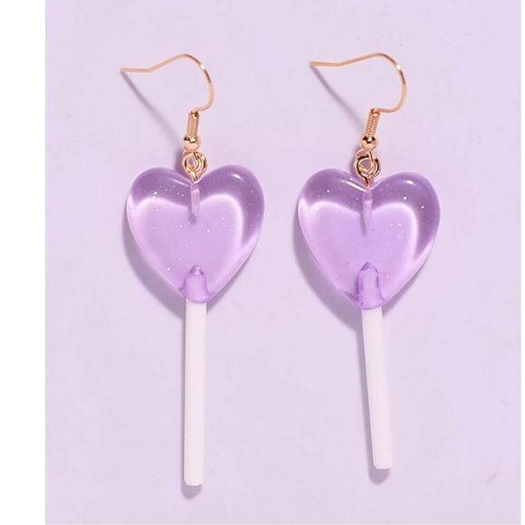New Purple Heart Translucent Lollipop‎ Sucker Earrings Long Glitter Kawaii Cute - Picture 1 of 1